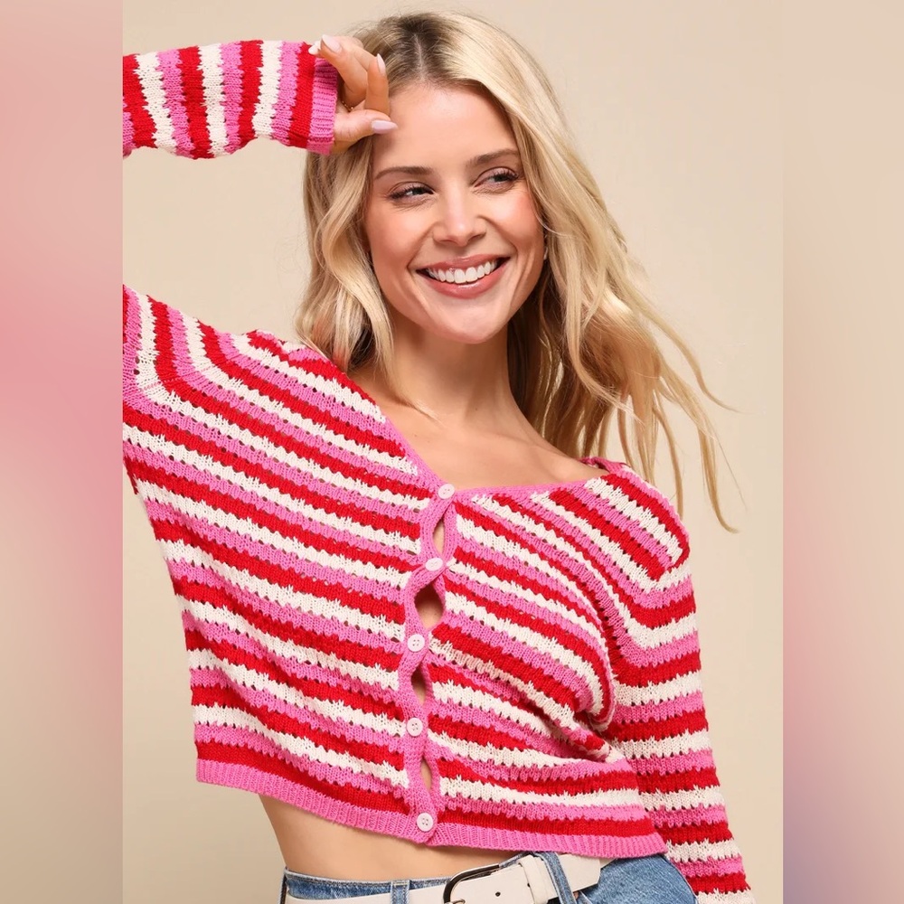 Lulus Adoring Darling Red And Pink Striped Cardigan Sweater - Size XL